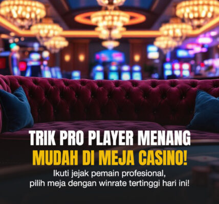 Interior meja casino mewah dengan sofa merah marun, pencahayaan hangat, dan suasana elegan yang tenang sebelum permainan dimulai.