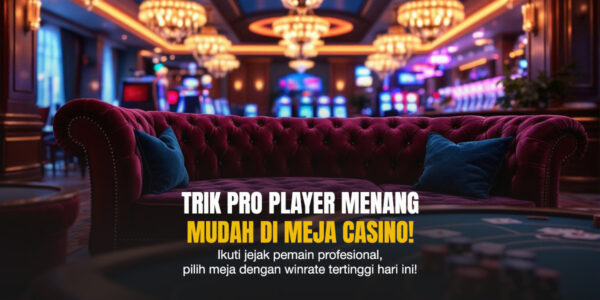 Interior meja casino mewah dengan sofa merah marun, pencahayaan hangat, dan suasana elegan yang tenang sebelum permainan dimulai.