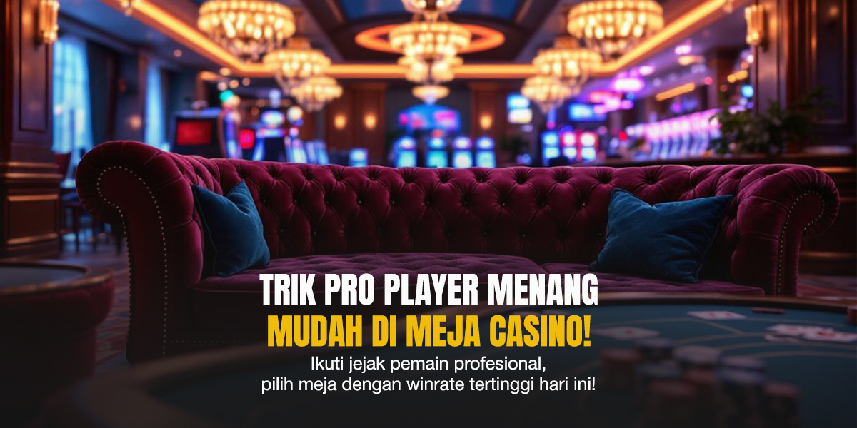 Interior meja casino mewah dengan sofa merah marun, pencahayaan hangat, dan suasana elegan yang tenang sebelum permainan dimulai.